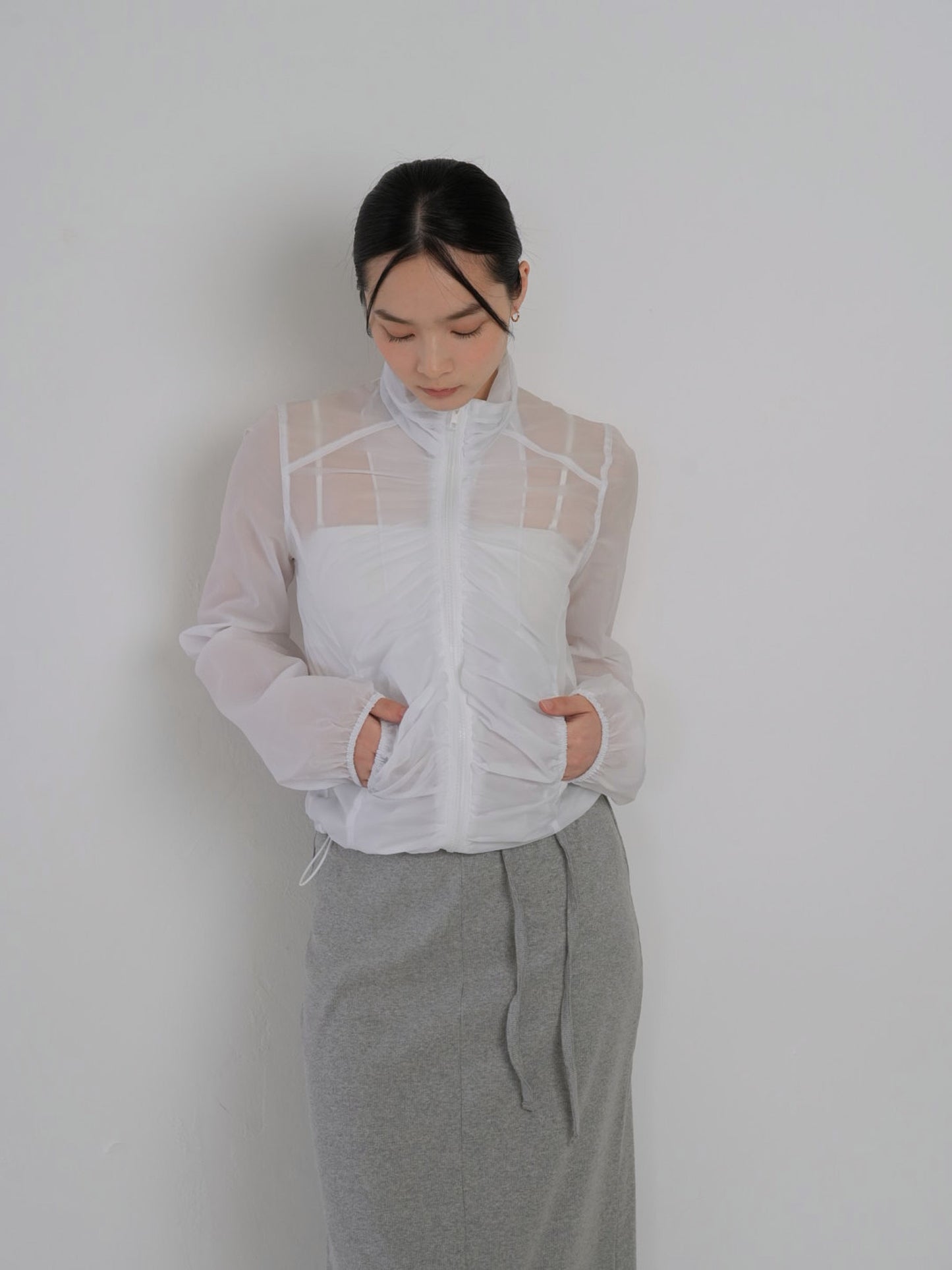 shirring zip up windbreaker