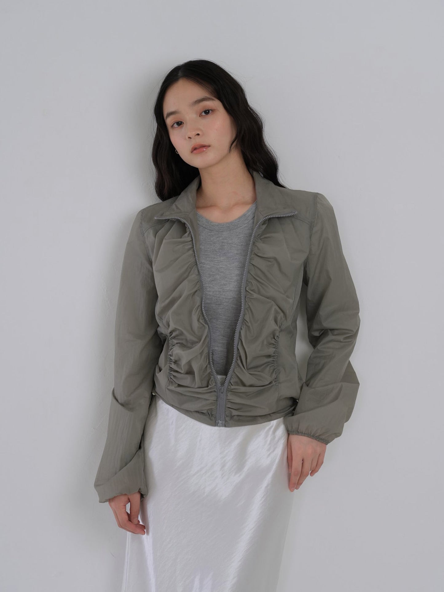 shirring zip up windbreaker