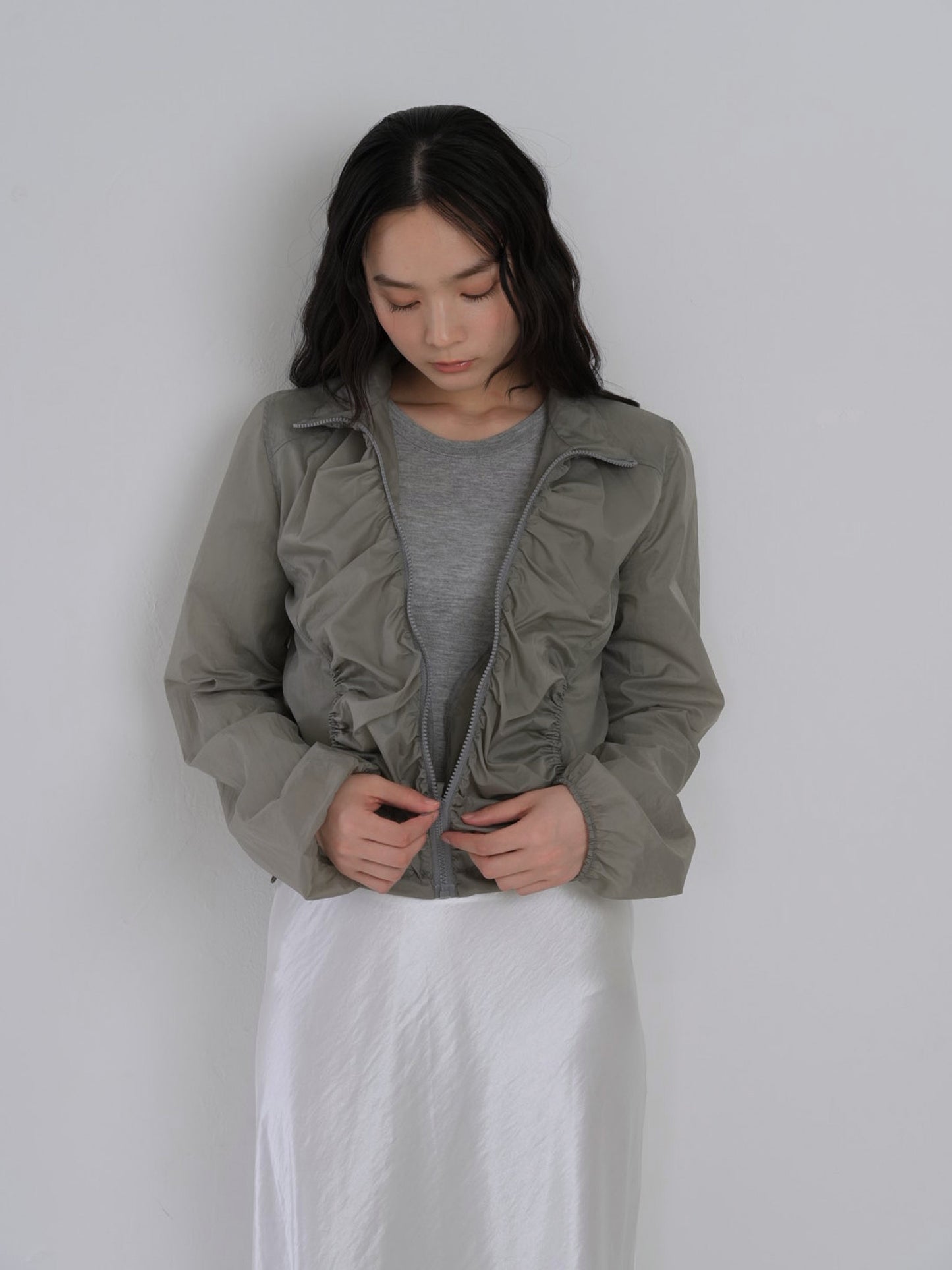 shirring zip up windbreaker