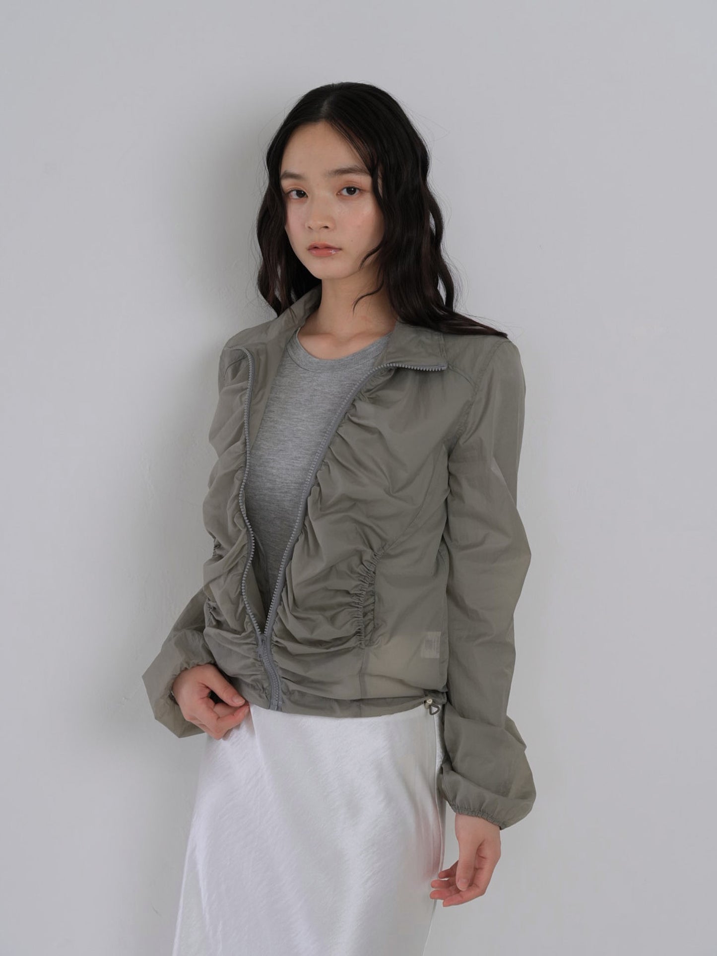 shirring zip up windbreaker