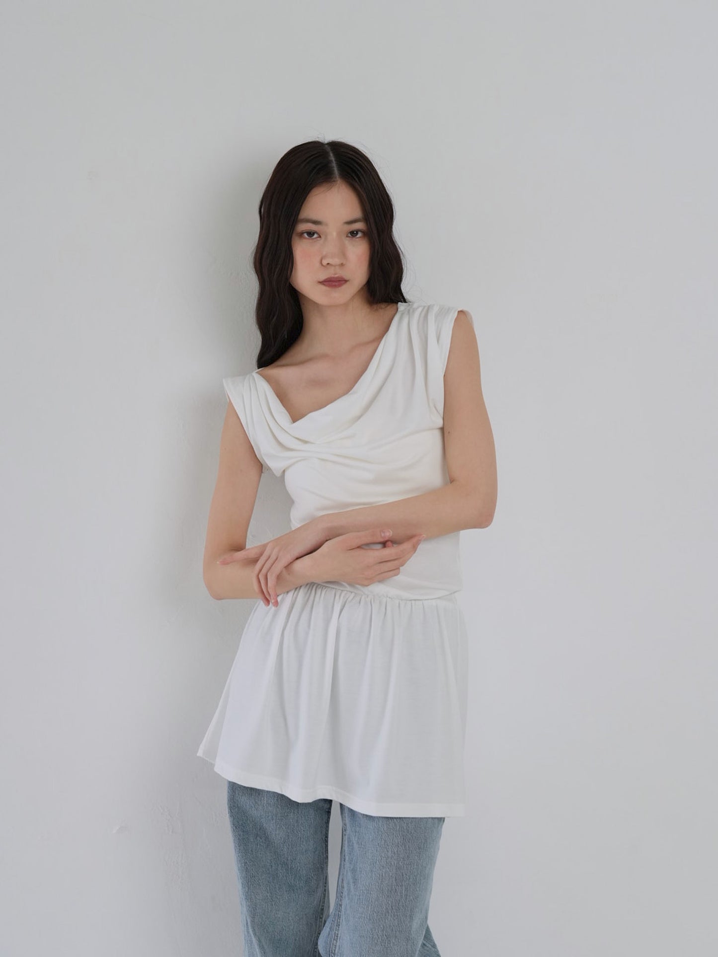 half shoulder gather tops