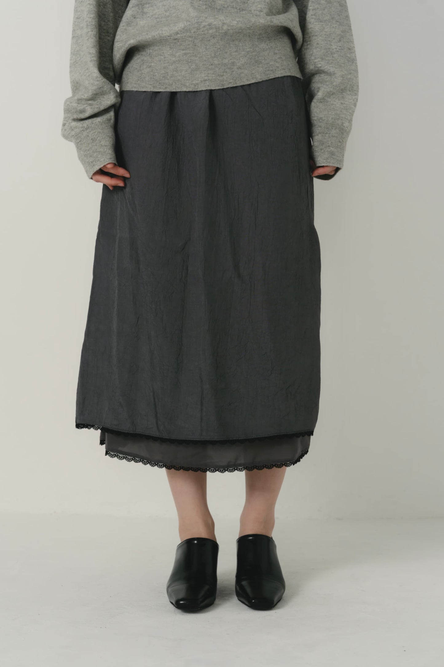 lace satin midi skirt