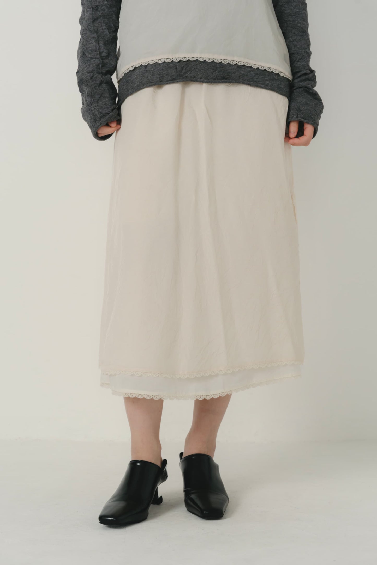 lace satin midi skirt