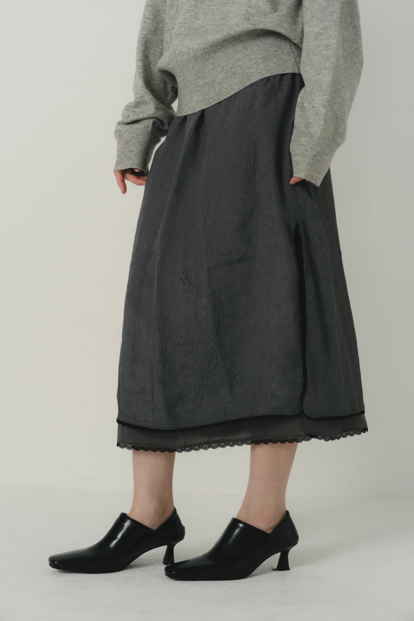 lace satin midi skirt