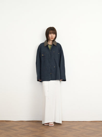 【先行予約販売】leather collar denim jacket