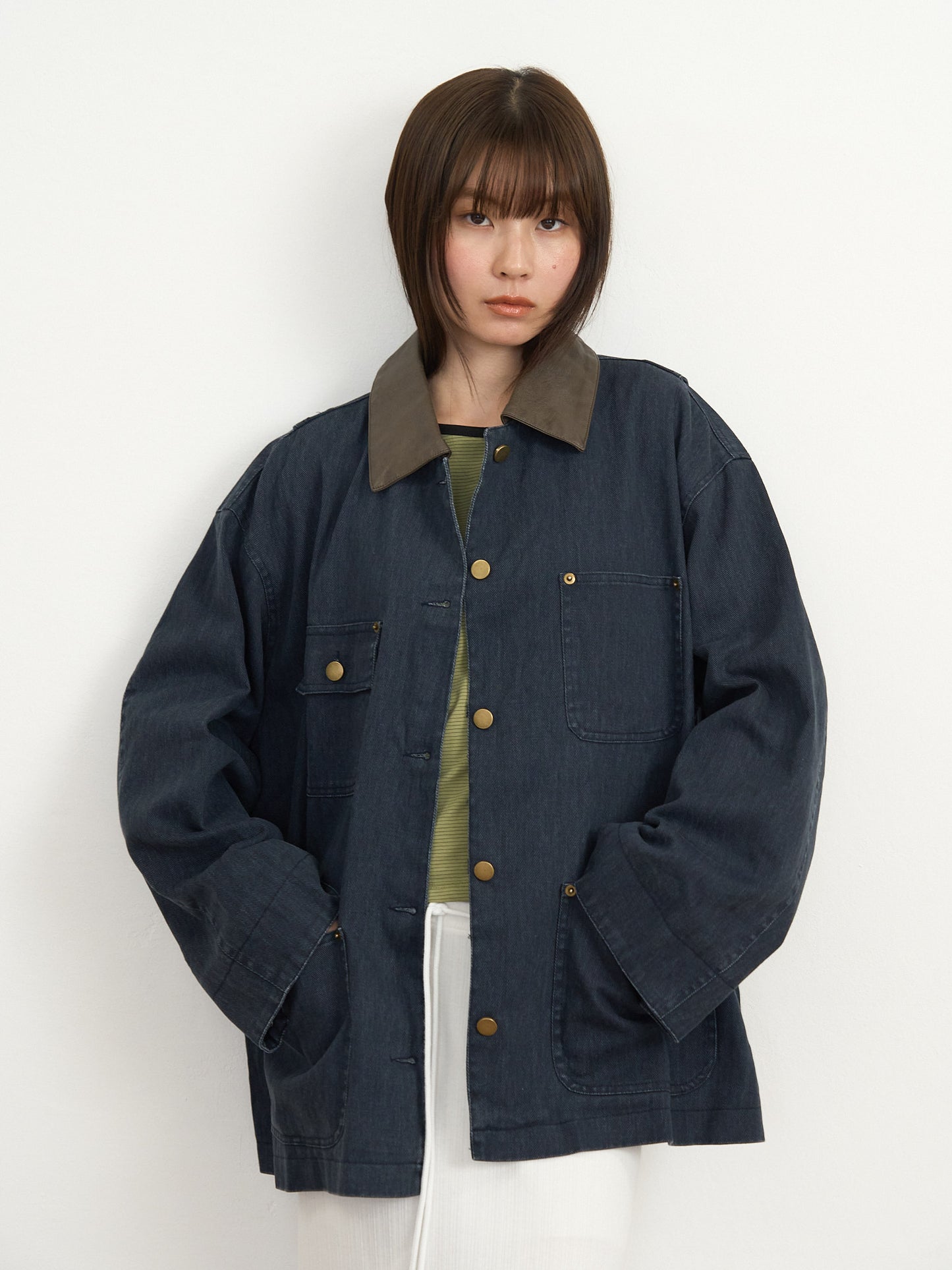 【先行予約販売】leather collar denim jacket