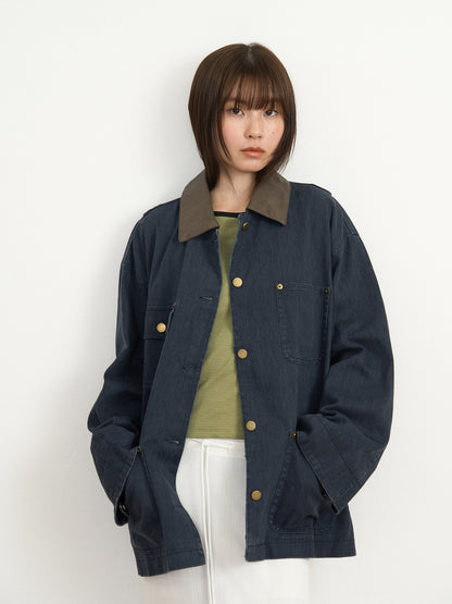 【先行予約販売】leather collar denim jacket