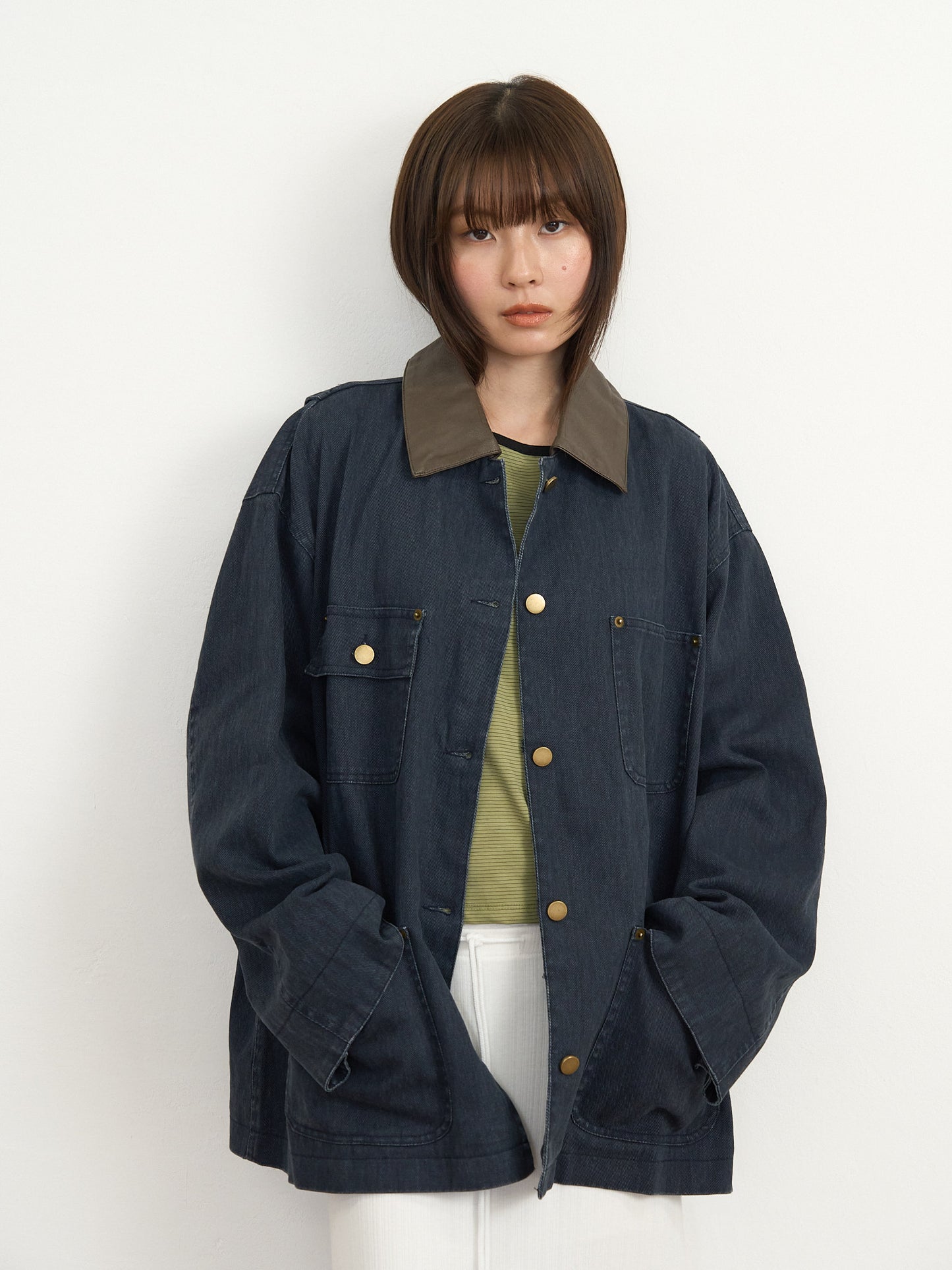 【先行予約販売】leather collar denim jacket