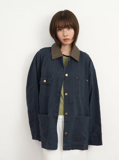 【先行予約販売】leather collar denim jacket