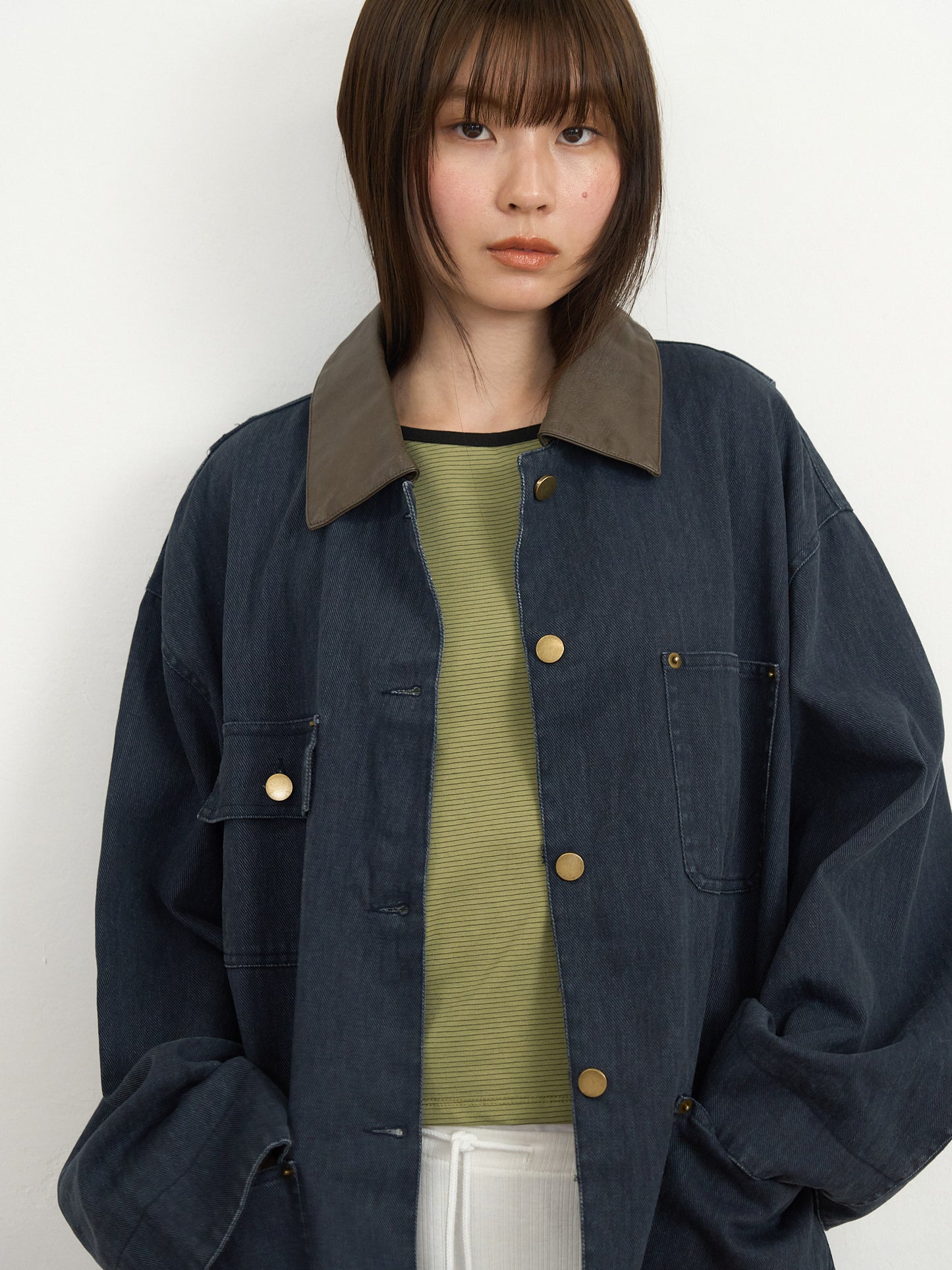 【先行予約販売】leather collar denim jacket