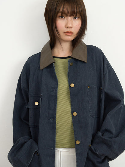 【先行予約販売】leather collar denim jacket