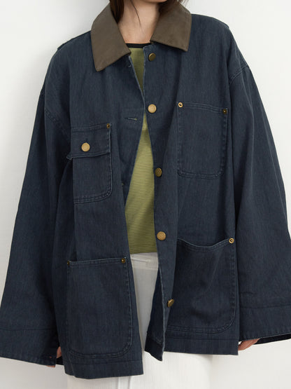 【先行予約販売】leather collar denim jacket