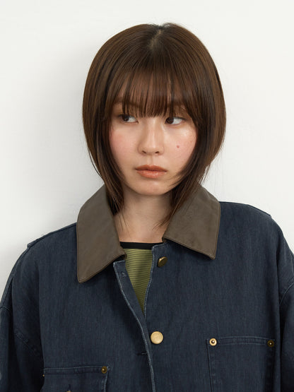 【先行予約販売】leather collar denim jacket
