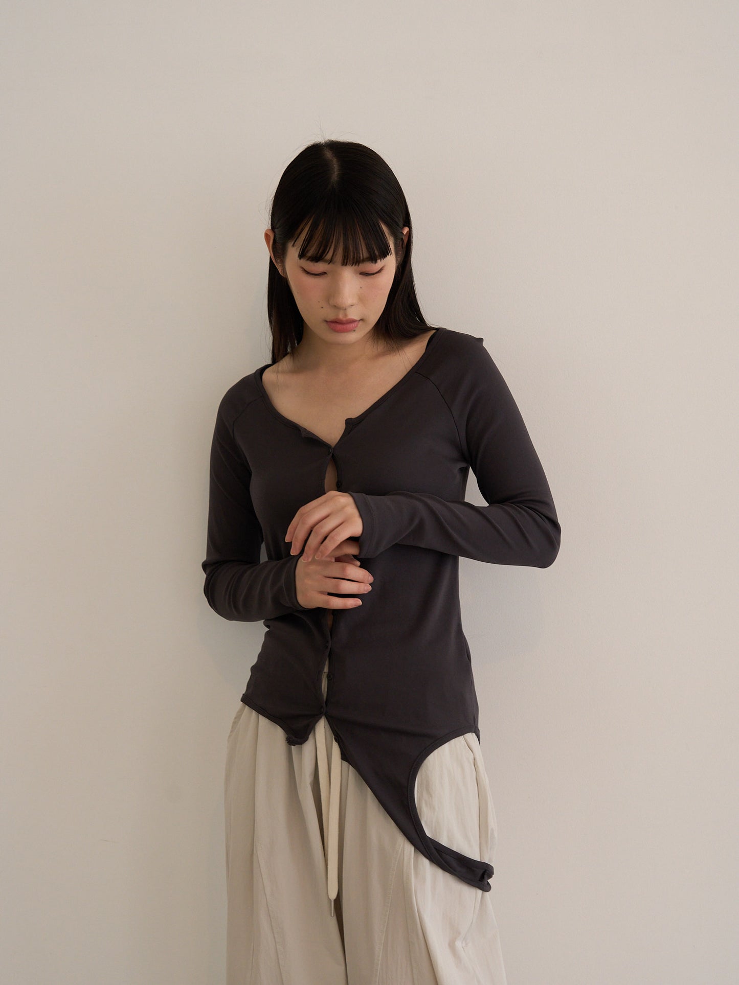 curved hem button top