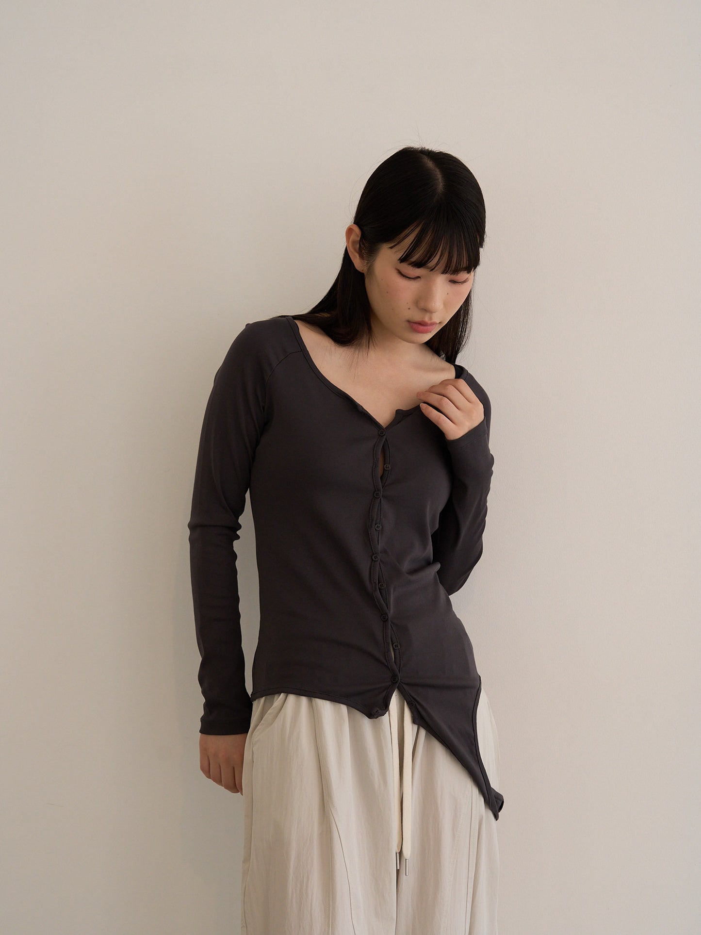 curved hem button top