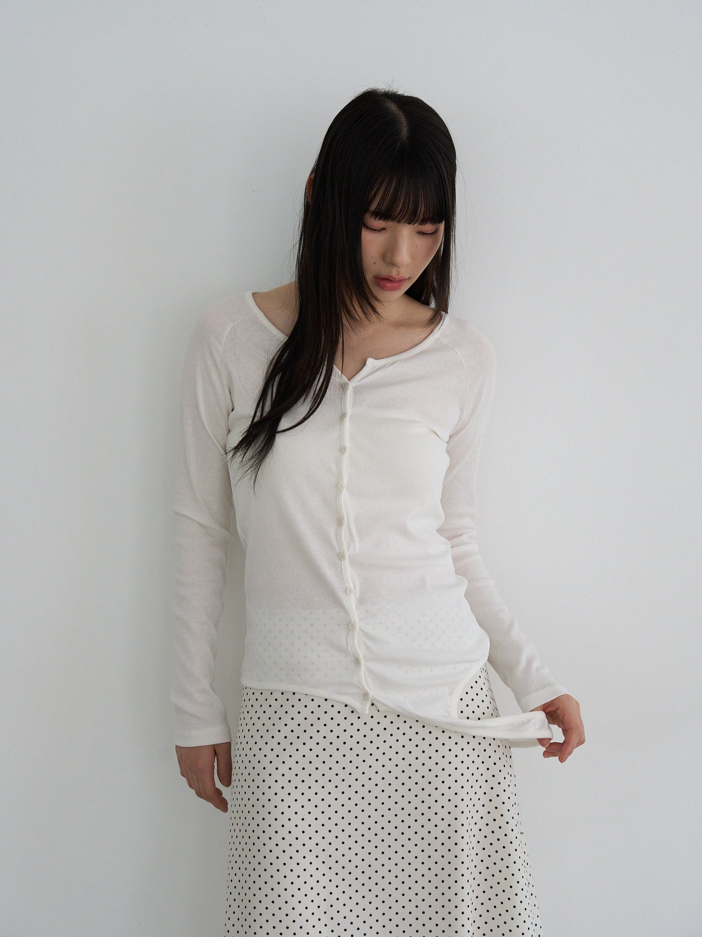 curved hem button top