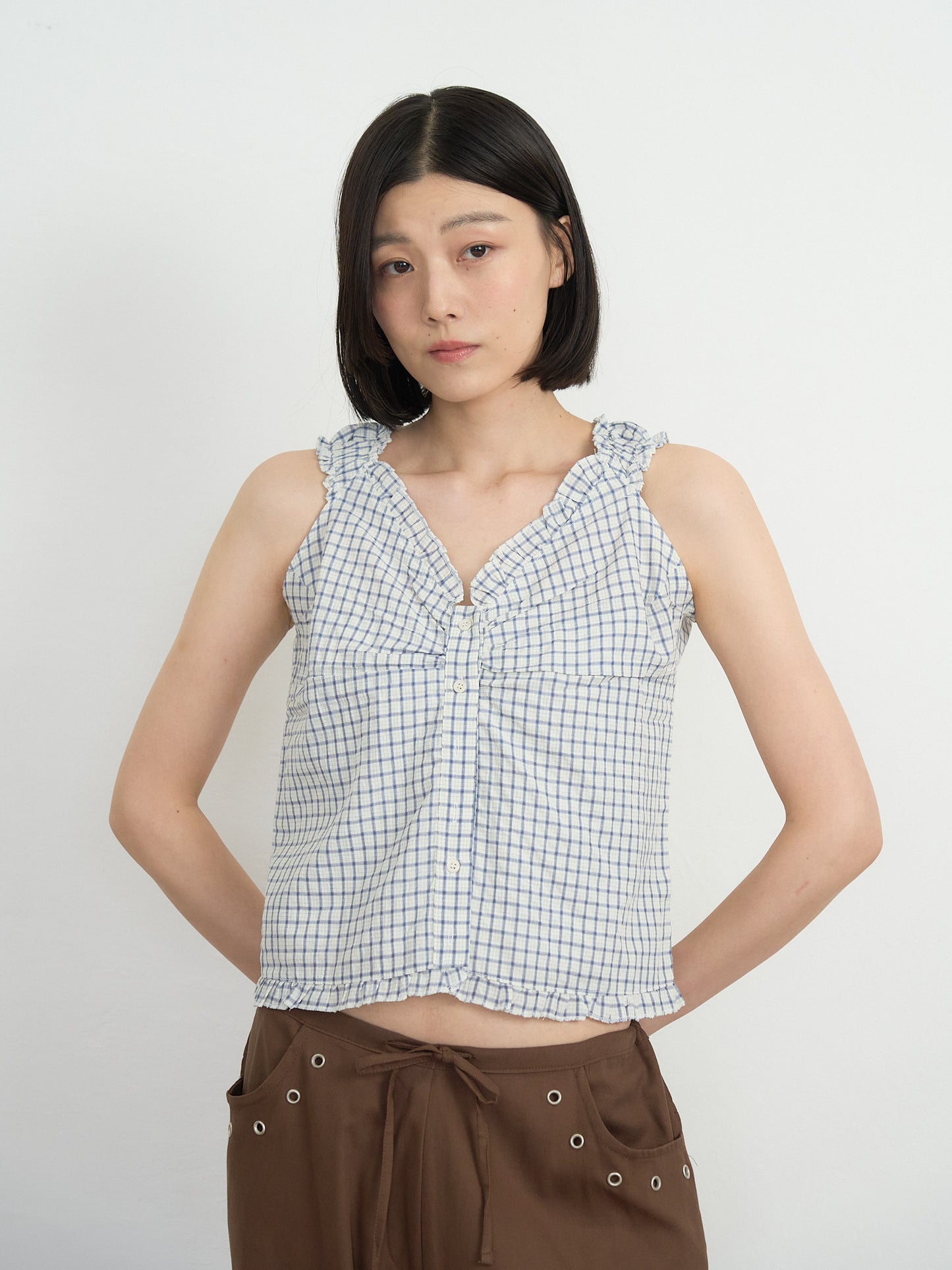 check ruffle sleeveless