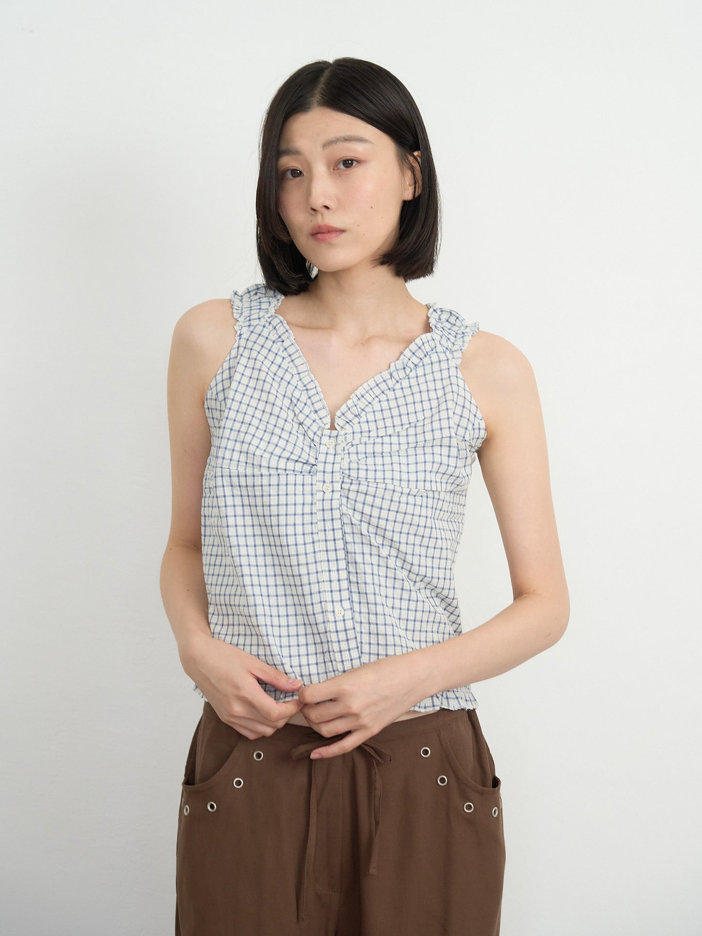 check ruffle sleeveless