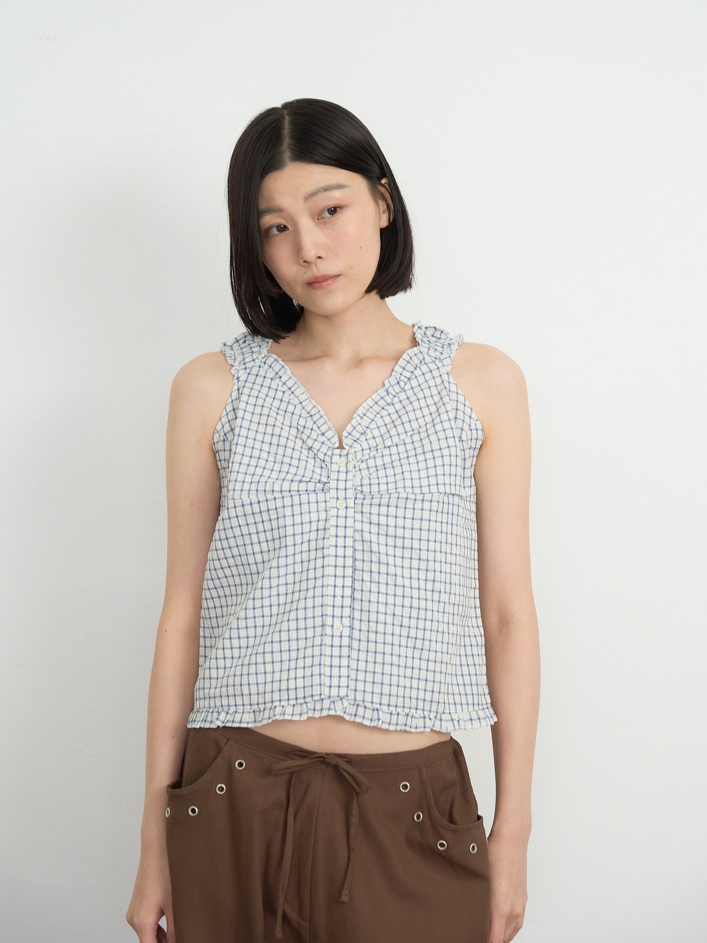 check ruffle sleeveless