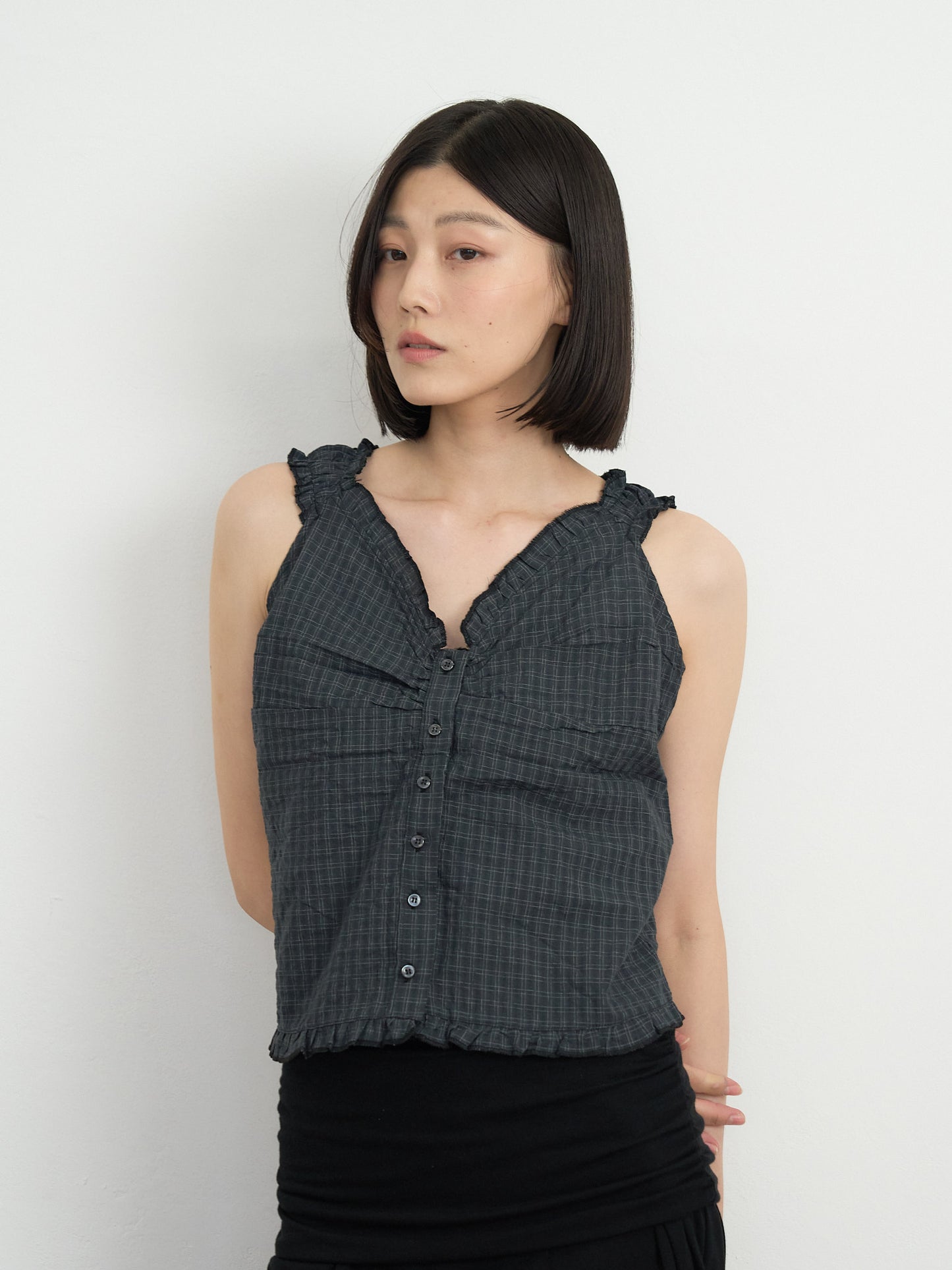 check ruffle sleeveless