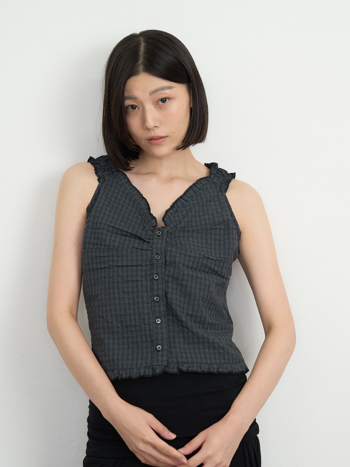 check ruffle sleeveless