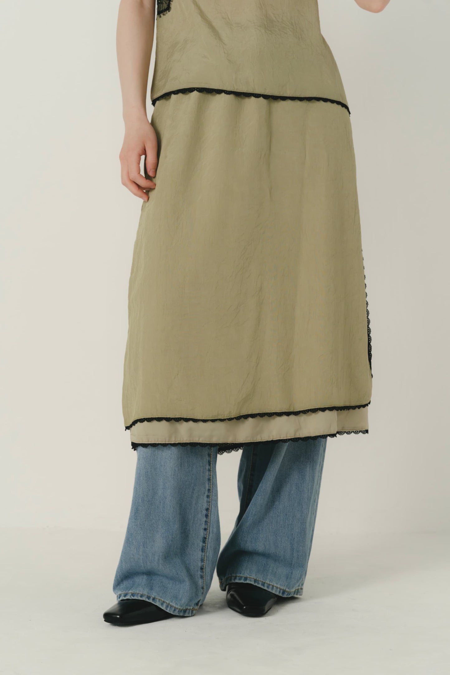 lace satin midi skirt