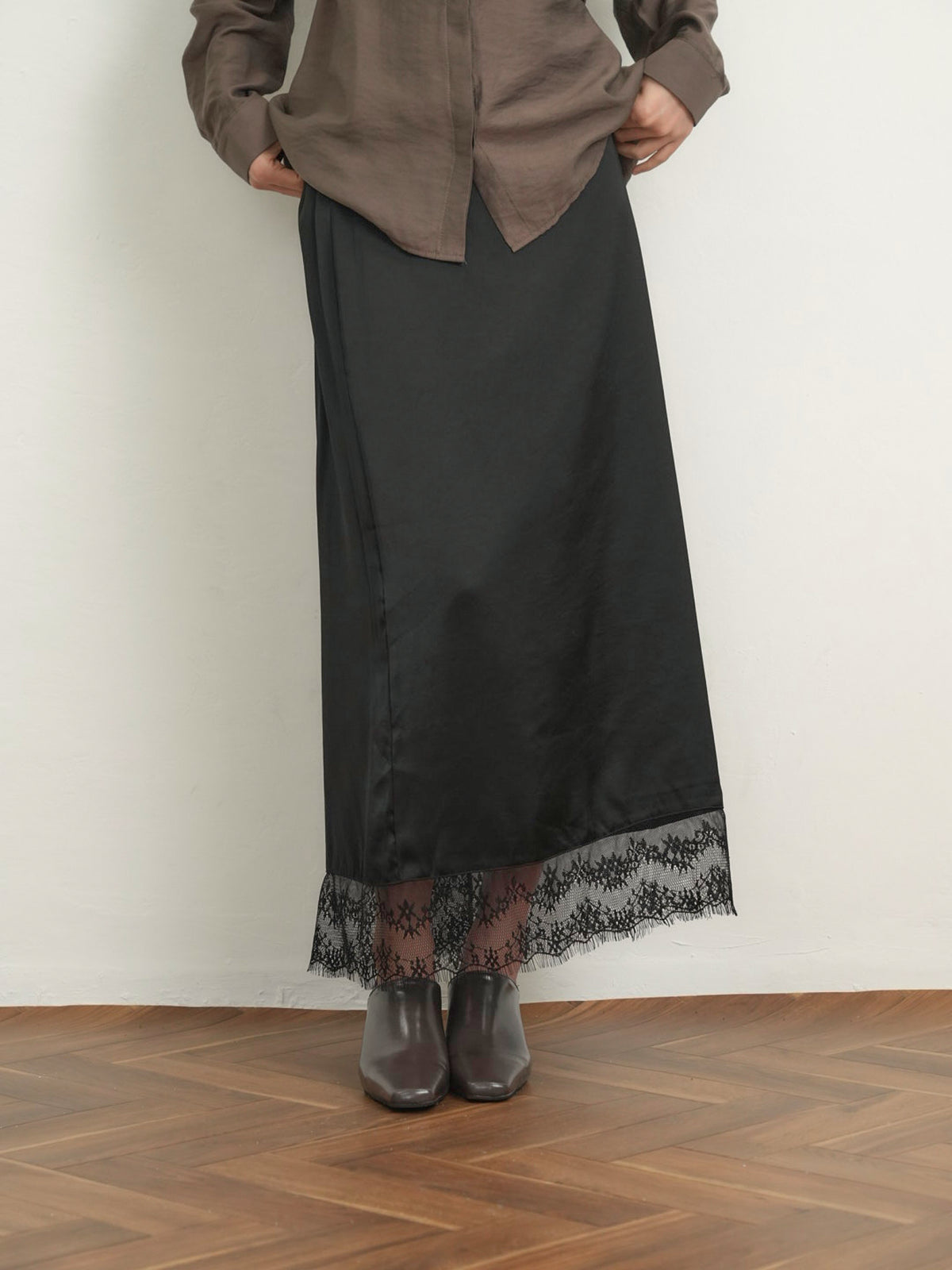 lace satin long skirt