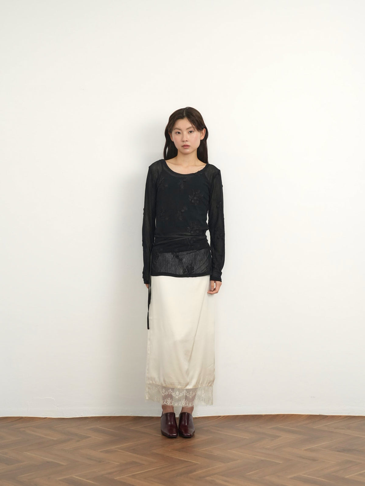 lace satin long skirt