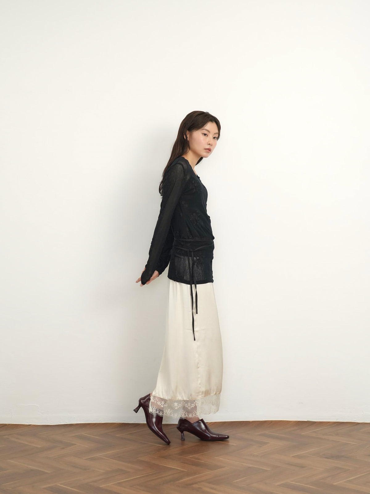 lace satin long skirt
