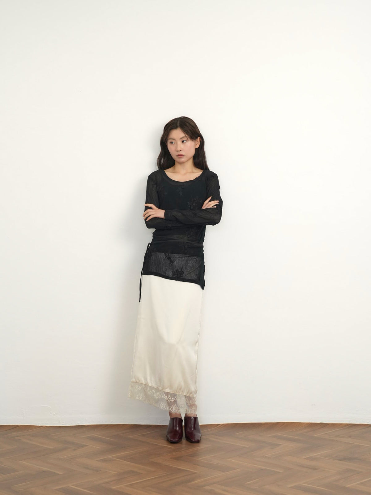 lace satin long skirt