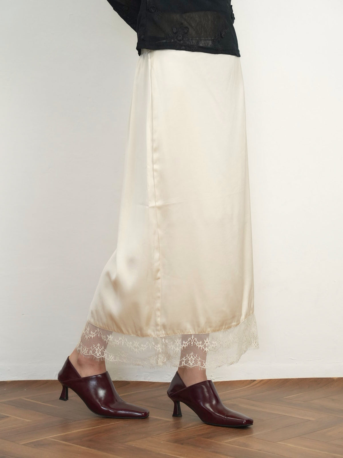 lace satin long skirt