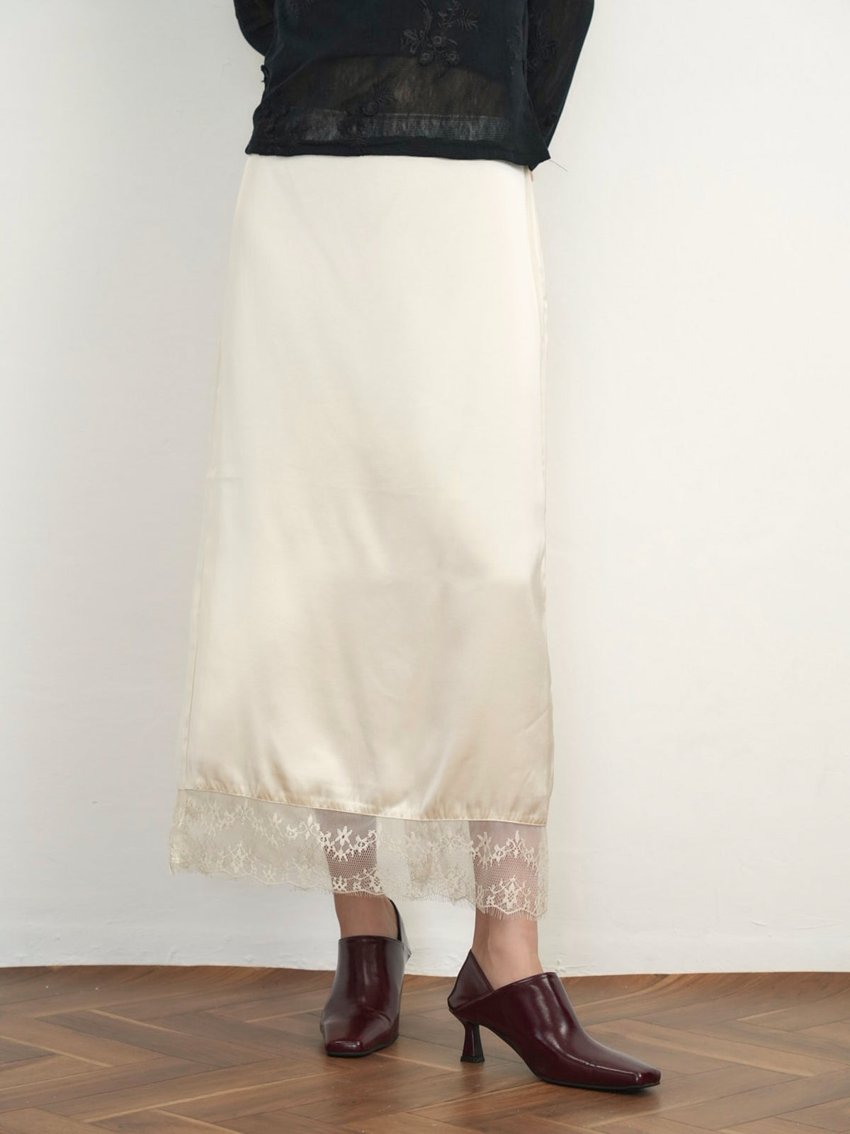 lace satin long skirt