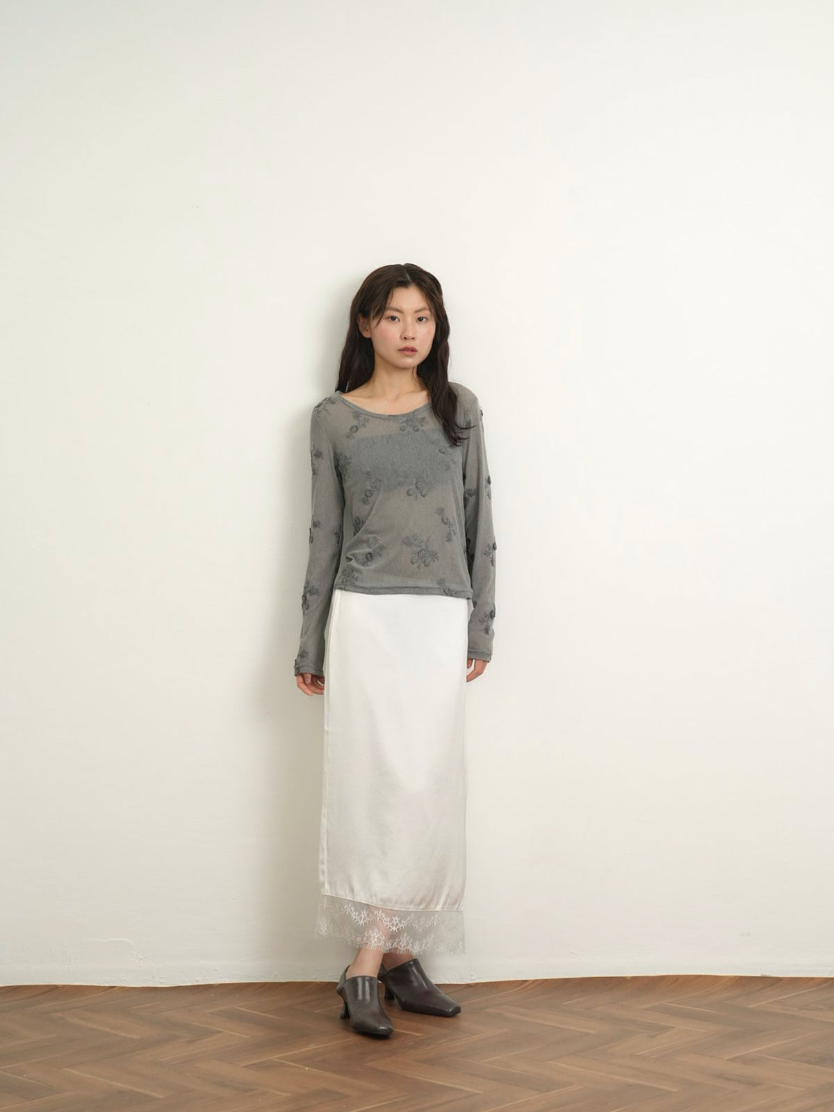 lace satin long skirt