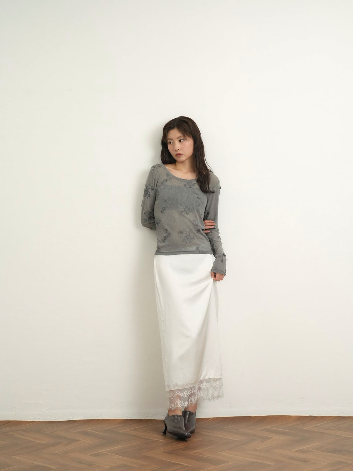 lace satin long skirt