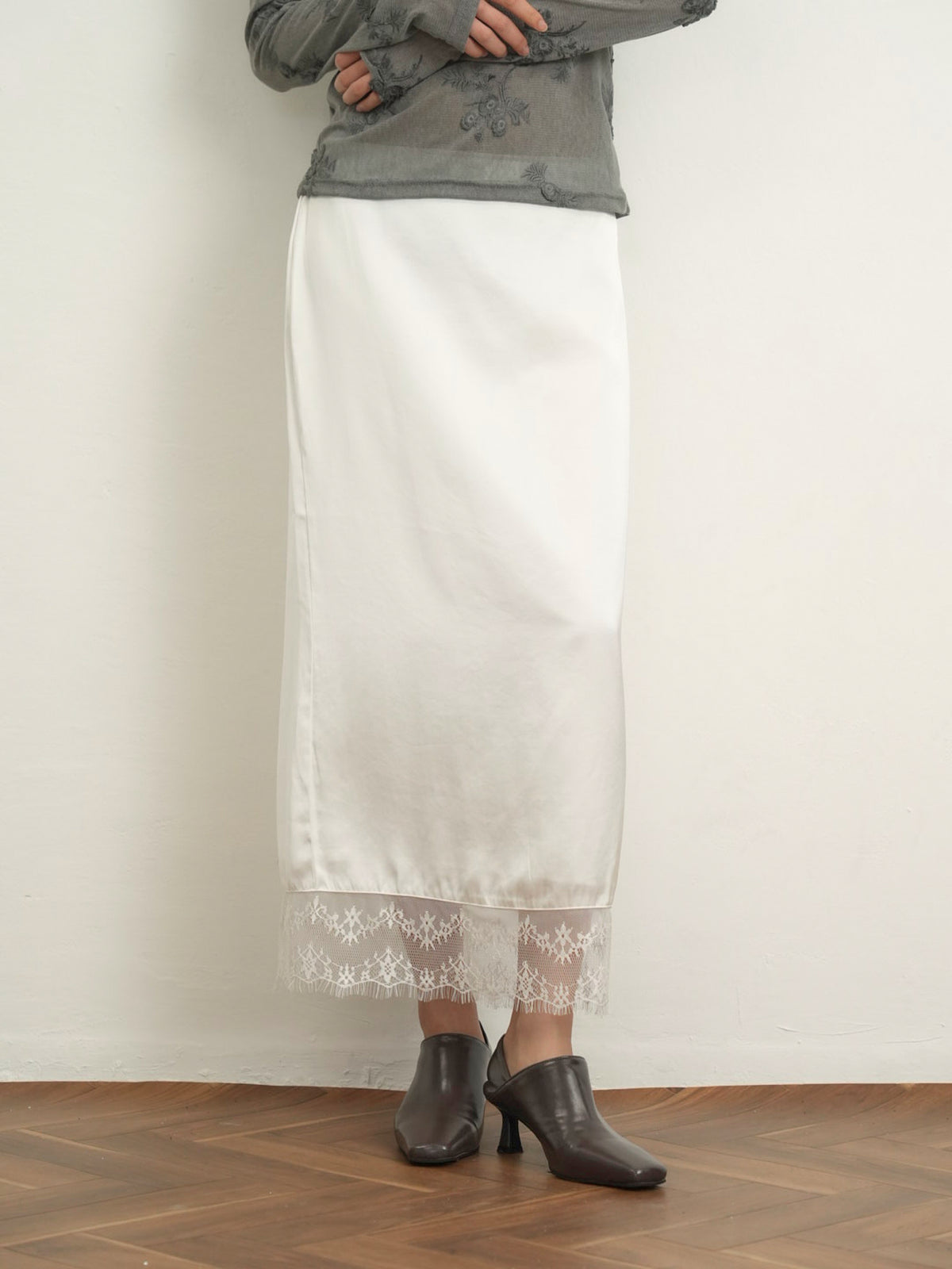 lace satin long skirt