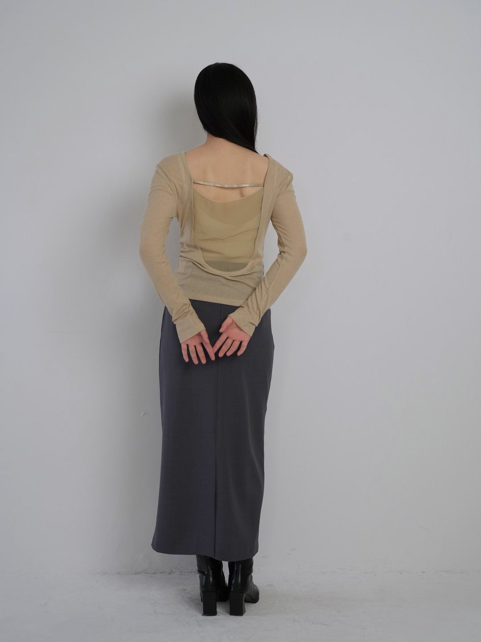 肌見せ★★長袖 オープンバック シアー カバーアップ トップス back open sheer tops – geeong