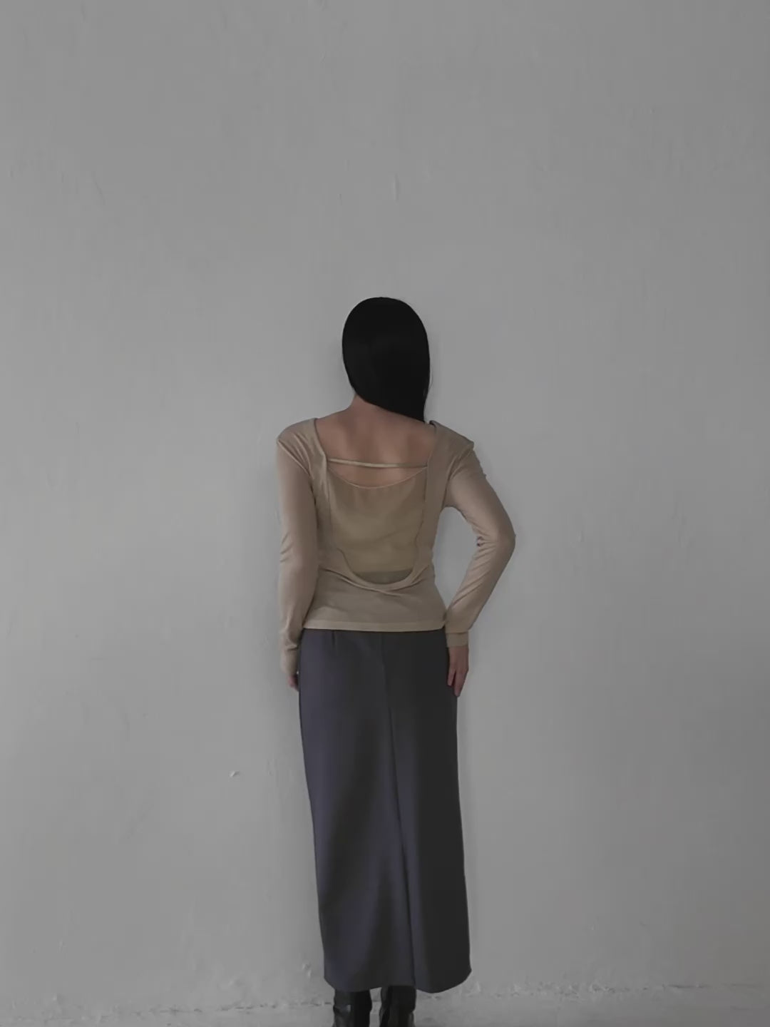 肌見せ★★長袖 オープンバック シアー カバーアップ トップス back open sheer tops – geeong